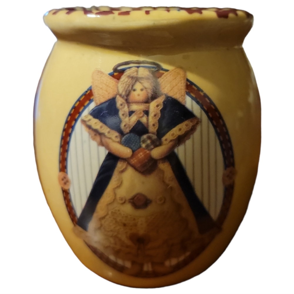 Vtg Wax Candle Ceramic Angel Hearts Vase Pencil Holder Dutch